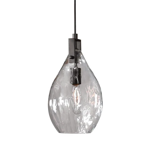 Uttermost Campester 1-Light Metal and Watered Glass Mini Pendant in Black/Clear - Picture 4 of 9