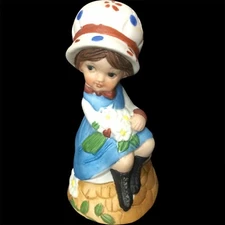 Jasco Vintage 70s Porcelain Hand Bell Little Girl With Flowers Figurine