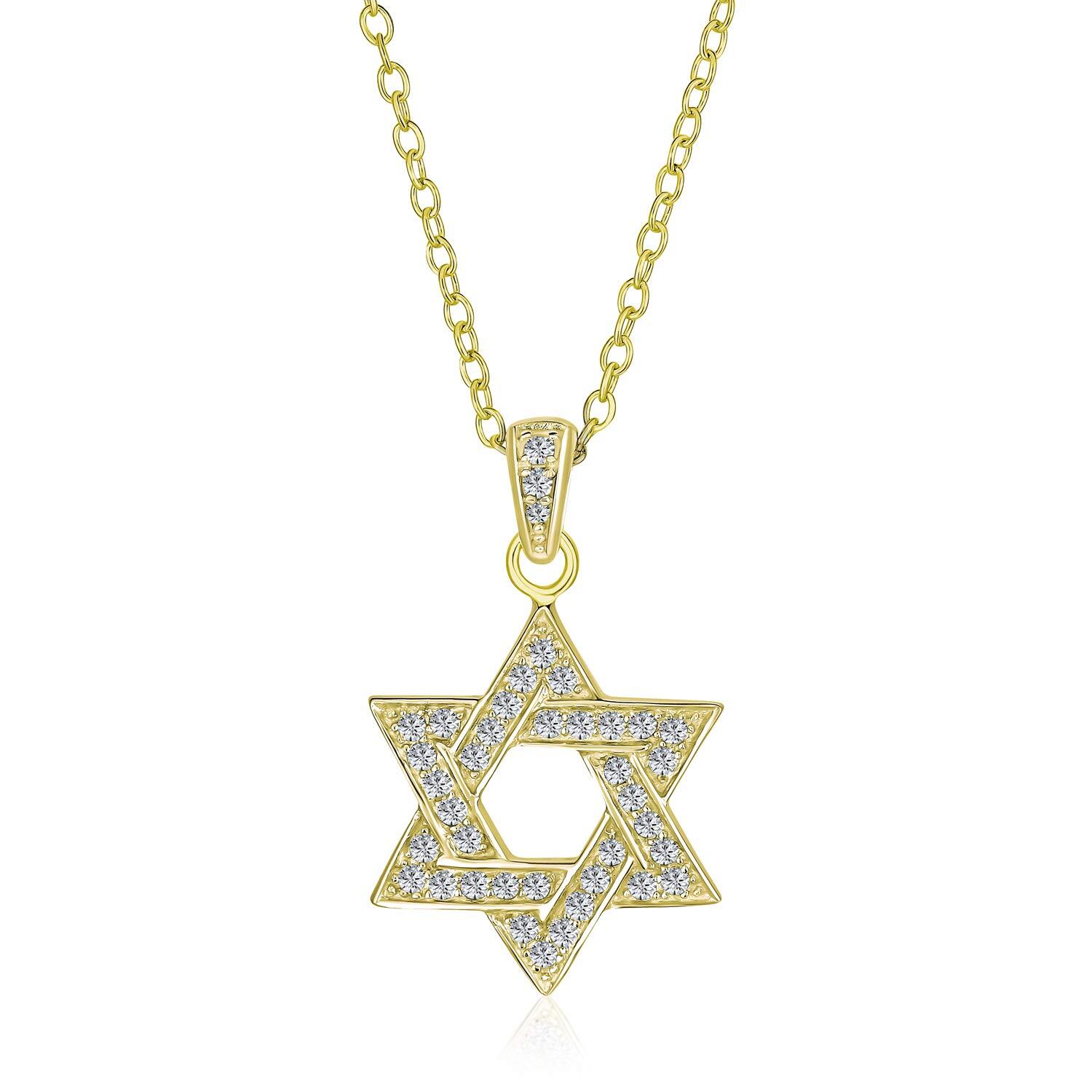 Traditional Hanukkah Star of David Pendant Necklace: CZ Accents, 14K Gold Pla...