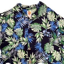C C California Blue Aloha Hawaiian Mens Small Summer Shirt Rayon Tropical Fronds