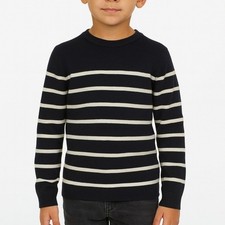 H M Boys 8-10 Navy Cream Striped 100 Cotton Knit Crewneck Sweater