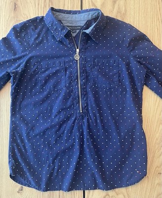 Tommy Hilfiger Shirt Women S/P Ladies Blue 1/2 Zip Textured Polka Dots Shirt