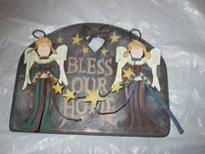 BLESS OUR HOME ~~ Angel Metal Hanging Plaque Garden & Home ~ 8" x 9.5"  _