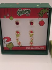 NIB Dr. Seuss The Grinch With Red Santa Hat Gold Flash Plated Stud Earrings