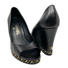 CHANEL Vintage CC Logo Open Toe Chain Sandals 37-37.5 Black Wedge Heels