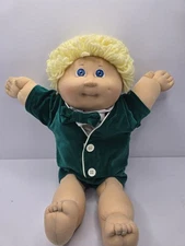 83' Cabbage Patch Kids Doll Blonde Hair Blue Eyes Green suit w/Bowtie