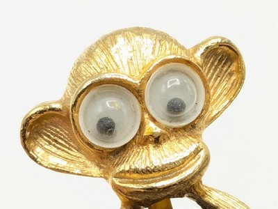 Funky Monkey Gold Tone Cabochon Belly Googly Eyed Brooch