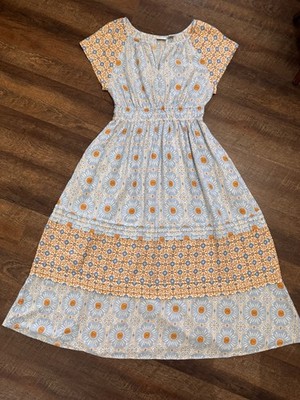 Rachel Zoe Linen Blend Floral Maxi Dress Blue Orange Smocked Pockets Medium