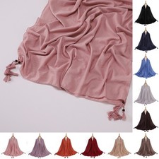 Womens Cotton Blend Hijab Scarf Fringed Silver-edged Muslim Headscarf Shawl Wrap