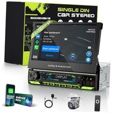     Single Din Touchscreen Radio with Wireless CarPlay, 7 inch QLED Android