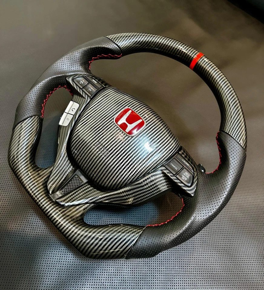 Volante personalizado Honda Accord 2008-2012 octava generación fibra de carbono puntada roja Foto 3 de 4