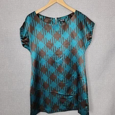 APT 9 Dress Womens Small Mini Sheath Brown Turquoise Silky Zipper Back Tunic
