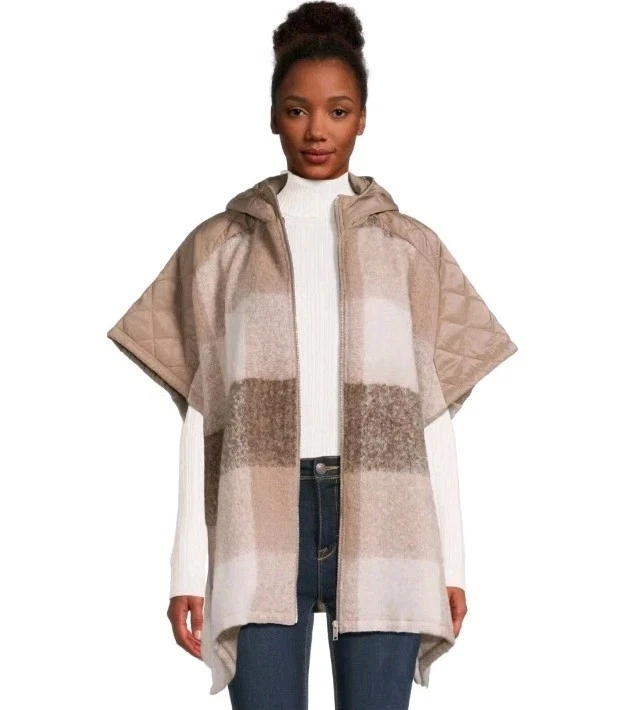 Women's Plaid Zip Poncho Sweater L-XL Hood Tan/Brown NWOT Cozy Light Weight