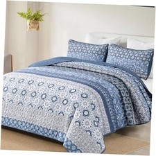 Boho Quilt Set Queen Bohemian Striped Patchwork Summer Queen 96" 90" Blue