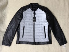 DKNY Hybrid Moto Puffer Jacket Black Leather Sleeves Gray Quilted NWT