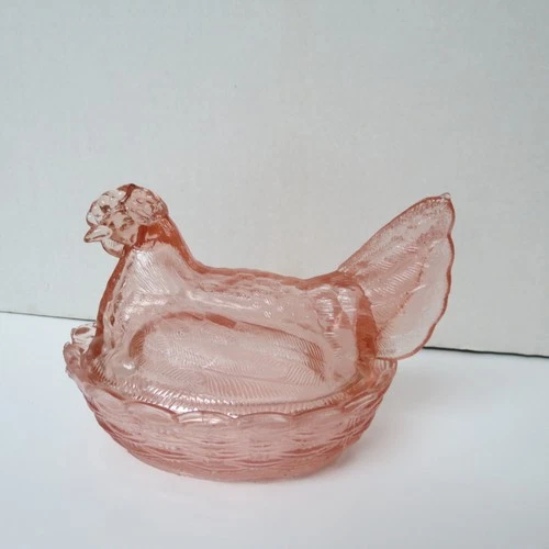 Vintage Pink Depression Glass Hen on Nest Candy Dish Basket Weave