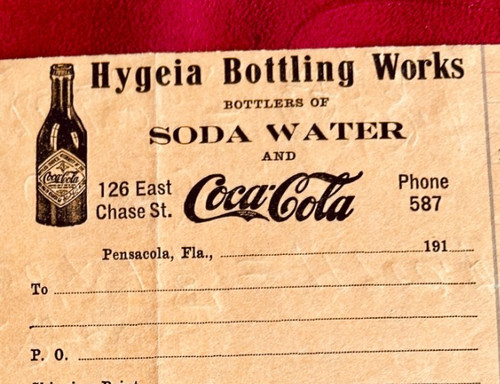 1900s Hygeia Coca-Cola Bottling Pensacola FL 2 Invoices Straight-Sided Bottle
