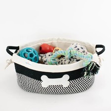 dog toy storage basket, black and white cotton rope dog toy storage basket.