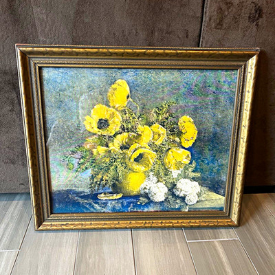 Framed Floral Still Life lithograph Yellow & White Flowers Gold Tone Frame