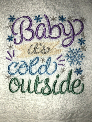 Embroidered White Bathroom Hand Towel With  Snowflakes-Baby it's Cold Outside 