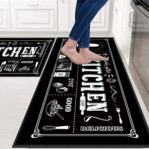 Kitchen Utensils Rugs Black Kitchen 17"x30"+17"x47" Black Motto Kitchen