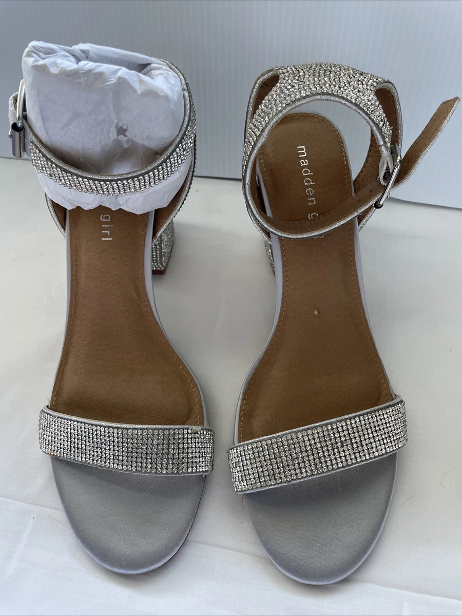 MADDEN GIRL Womens Silver Rhinestone Malia Round Toe Block Heel
