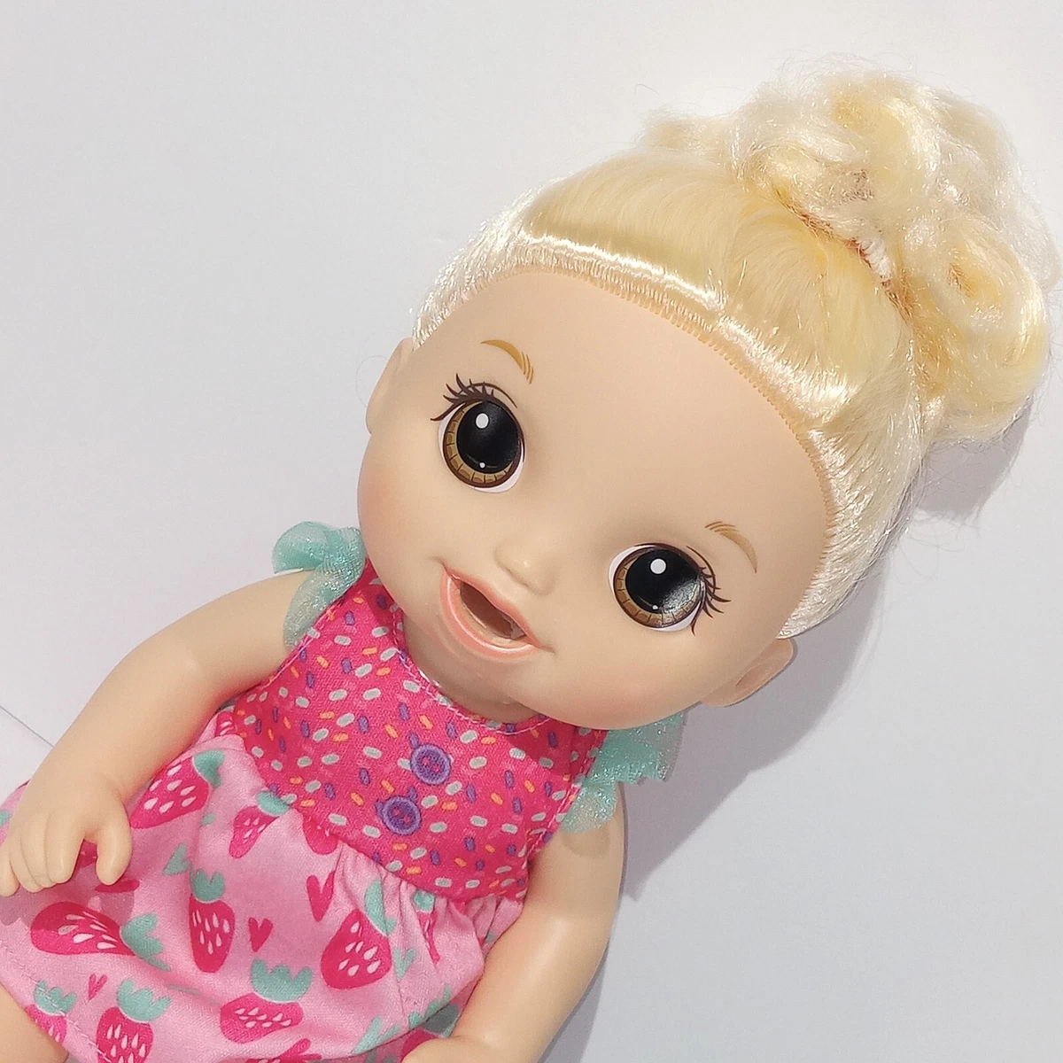 Baby Alive Baby Doll Blonde Hair Strawberry Dress Comb Blue Eyes Bottle