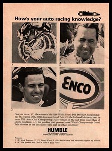 1966 Jack Brabham And Jimmy Clark Gran Prix Champs ENCO Gas Humble Oil Print Ad