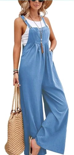 Women Wide Leg Straps Bib Jumpsuit Loose Sleeveless Casual Overalls with Pockets
