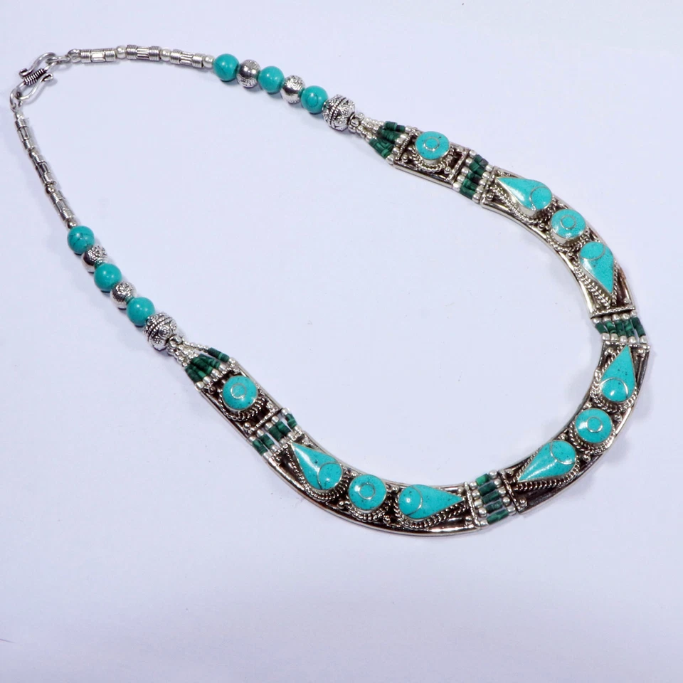 Pingente feminino antigo tibetano turquesa estilo gargantilha colar joia tamanho 18" - Imagem 2 de 4