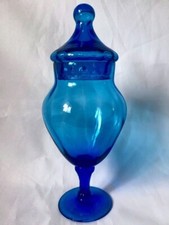 Antique Light Pale Blue Clear Footed Glass Apothecary Candy or Leech Jar w/ Lid