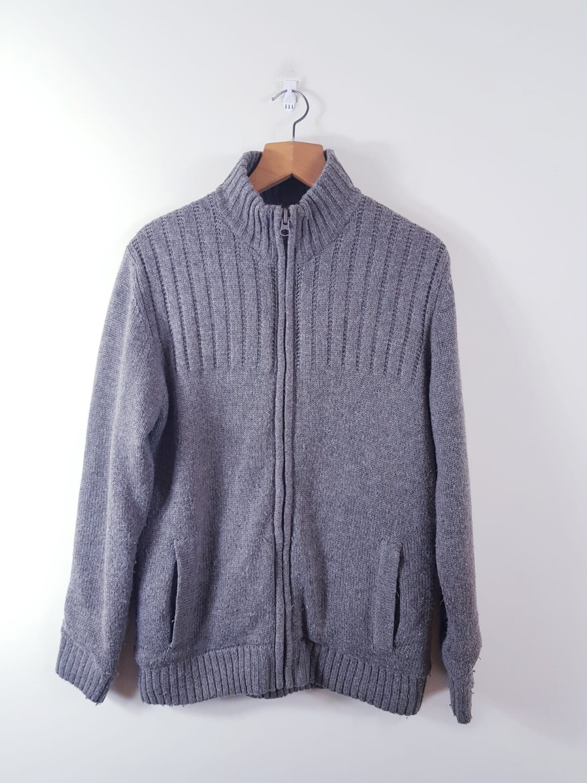 Mens Knit Zip Jacket Cardigan Fleece Lined Chunky Brown M