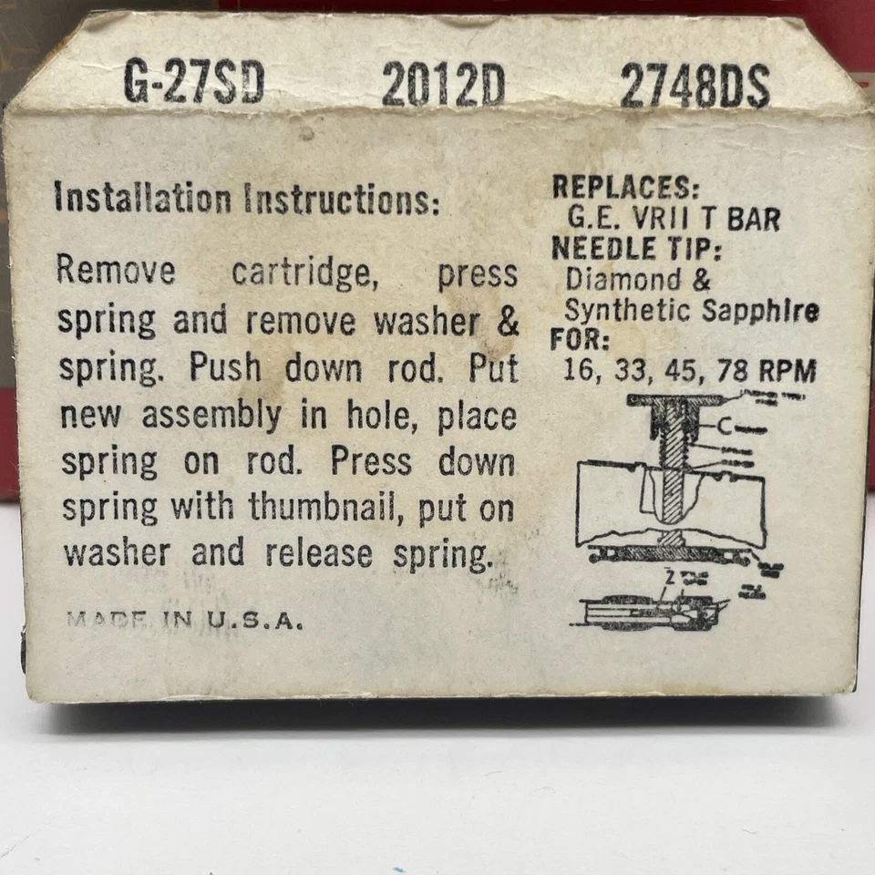 E.V. Aguja Stylus 2748DS para G.E. Barra VRI T G-27SD 2012D 2748DS EE. UU. NOS Foto 3 de 3
