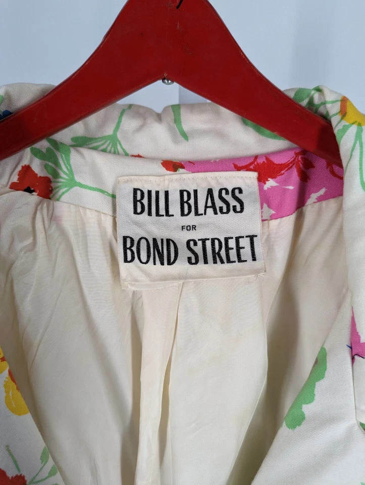 Chaqueta Bill Blass para Bond Street De Colección Años 60 Flor Acuarela Arte Denim Trinchera Mod Foto 2 de 4