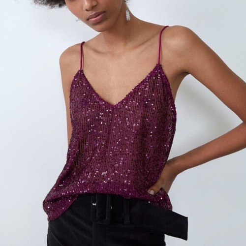 ZARA Collection Women's BURGUNDY Strap Cami Sequin Crop Tank TOP Size  Medium | eBay