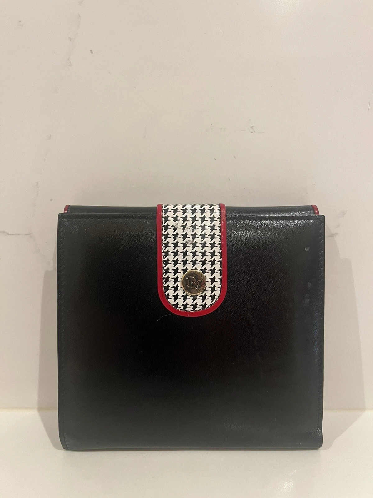 Portefeuille pliant vintage Christian Dior en cuir noir houndstooth