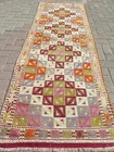 Multicolor Geometric Turkish Vintage Runner Kelim, Handwoven Wool Rug 33"x96"