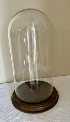 Vintage Clear Glass Dome Display Cloche Bell Jar with Wooden Base 12'' x 6''
