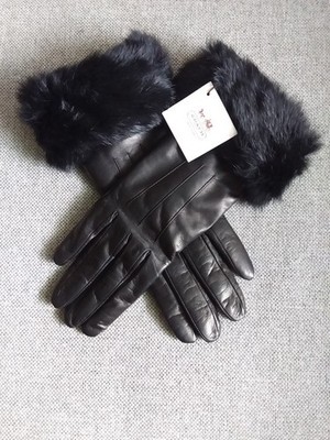 Women's Authentic Coach Brand Genuine BLK Leather Gloves With Rabbit's Fur Cuffs