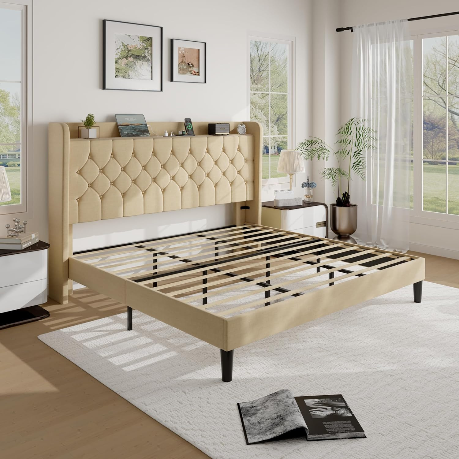 Luxurious King Size Velvet Bed Frame with Charging Station & Storage, Beige