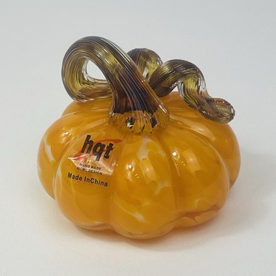 Hand Blown Art Glass Pumpkin Orange Yellow Brown Curled Stem Fall Halloween
