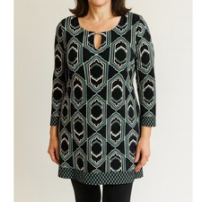 WHBM Teal Black White Geometric Patterned Shift Dress Metal Keyhole Medium