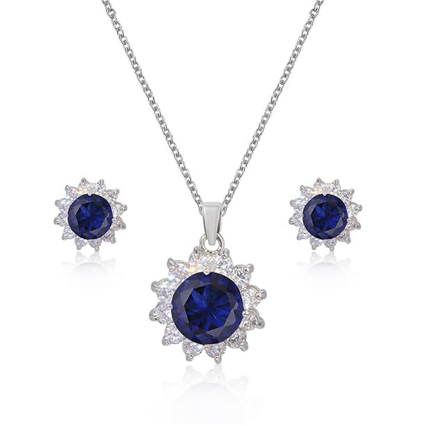 Sapphire Crystal Halo Stud Earrings and Pendant Jewelry Set for Women