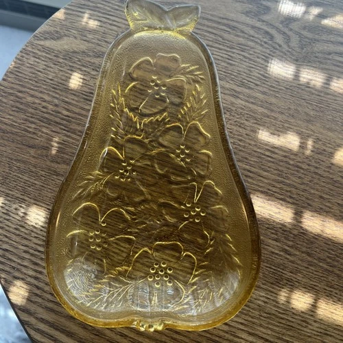 Vintage AMBER DEPRESSION GLASS Pear Shaped Embossed Flowers Nut Candy Dish Read