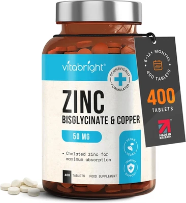 VITABRIGHT Zinc Supplements with Copper | 50Mg Daily | 400 Zinc Tablets | 6+ Months | Zn Bi