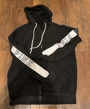Victoria's Secret PINK Logo Full-Zip Hoodie Jacket Black Size Small S Pockets