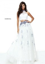 SHERRI HILL 50977 Ivory Royal 2 Piece Lace And Blue Beading Outfit Size 8 $750