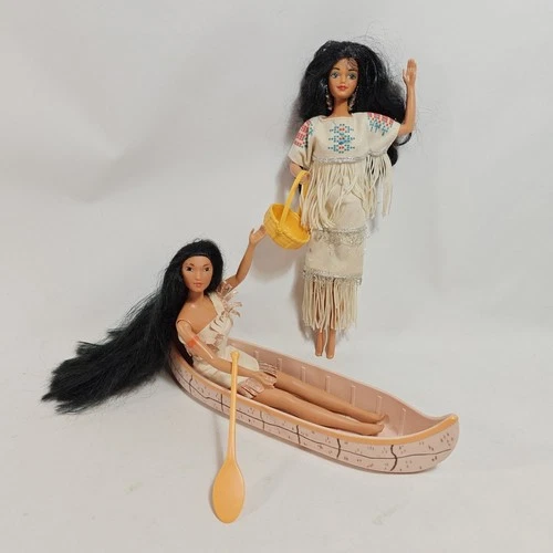 Vintage Pocahontas And Native American Barbie Dolls W/ Totsy Canoe & Accessories