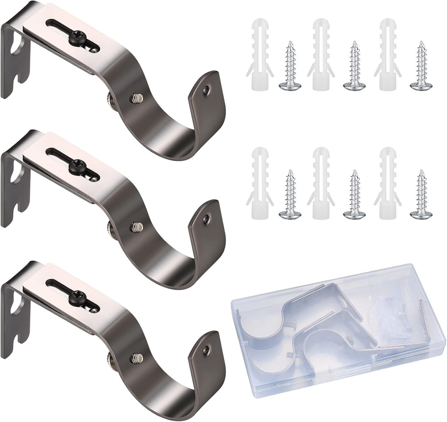 3 Pcs Curtain Brackets, Black Adjustable Curtain Poles Brackets, Heavy Duty Rods