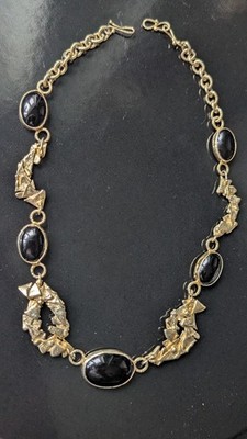 Vintage/ Antique Hallmarked For Sterling /Gold Black Stone Abstract Necklace